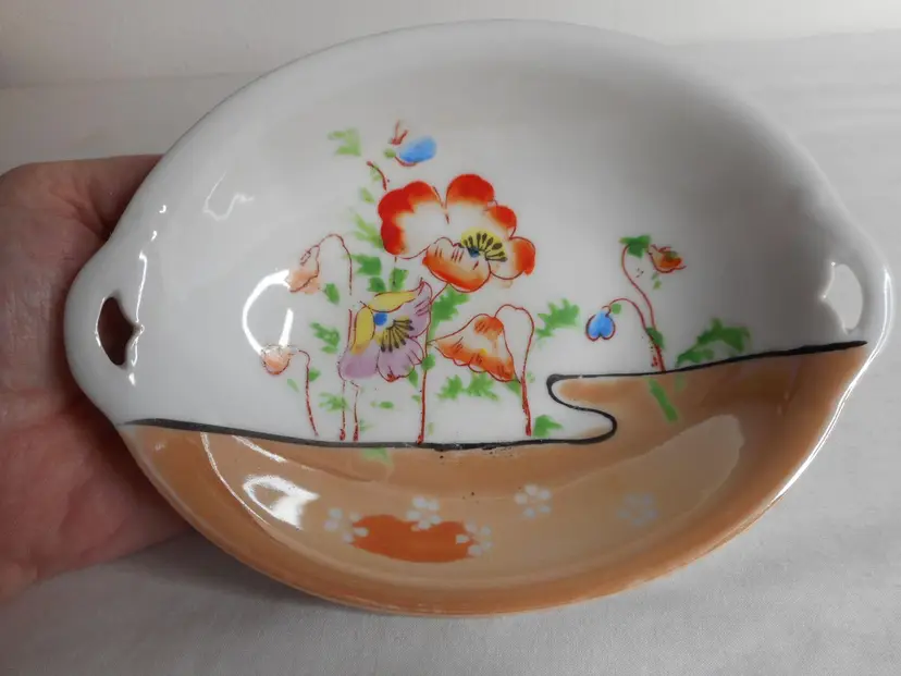 Vintage Japan lusterware poppy Floral trinket dish nut candy change keys dish