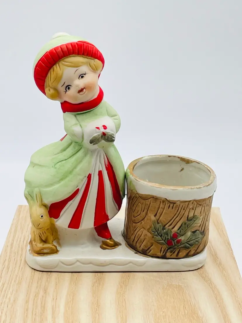 Hand Painted Porcelain Skater Girl With Votive Holder And Bunny