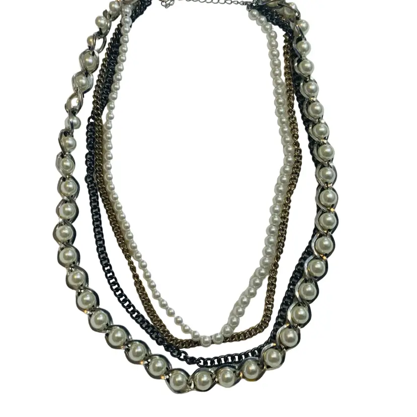 Vintage Costume Jewelry Chunky Necklace Faux Pearl Silver Gold And Dark Tone Metal Chain Clear Crystal Rhinestone Glass 