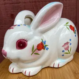 Lefton Rabbit Planter #H4033. Red-eyed White Rabbit With Floral Design. Foil Sticker. Made In Japan.