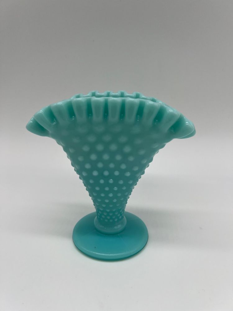 Fenton Turquoise Glass Hobnail Small Fan Vase