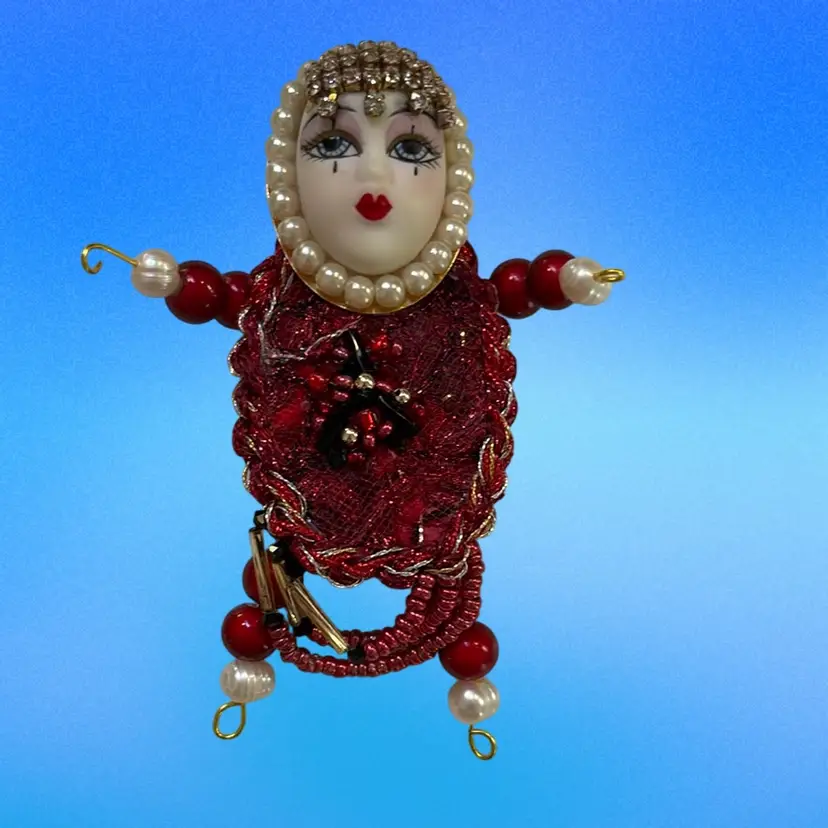 Bead Person Two Brooches Combined; Fabric Brooch Signed. 4” Tall X 2 1/3” Wide
