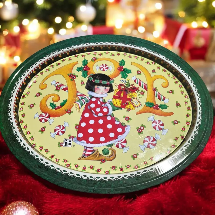 Vintage 1998 Mary Englebrite 15" X 12.5" Tin Christmas Joy Oval Tray Platter