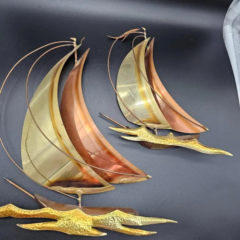 Vtg Metal Brass And Copper Sailboats MCM Wall Hangings Set Of Two