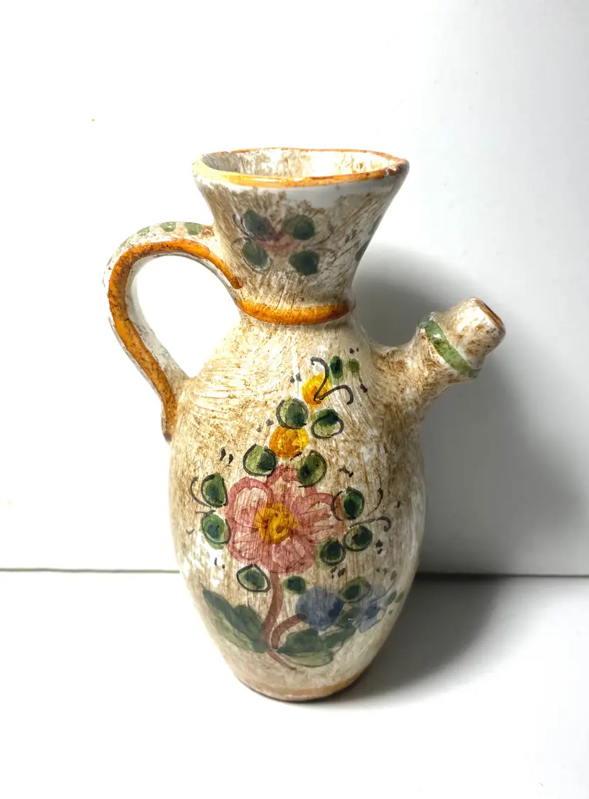 Small Vintage Hand Painted Italian Clay Pitcher. Olive Oil. Creamer. Italy