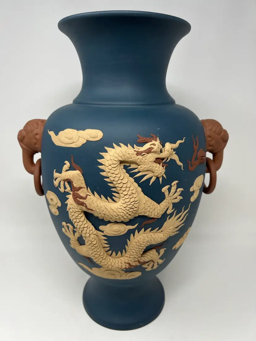 Old Yixing Zisha Pottery Carved Dragons Rooster Blue Matte Vase 16” H Signed