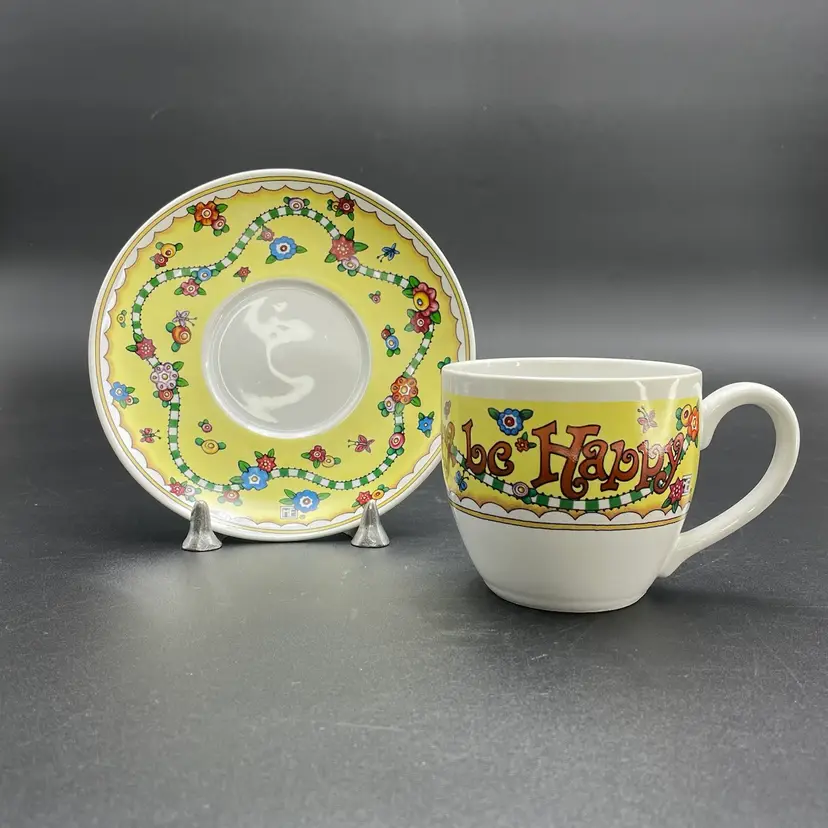 Mary Engelbreit Teacup Saucer Just For Today Be Happy Set of 2 Vintage Drinkware