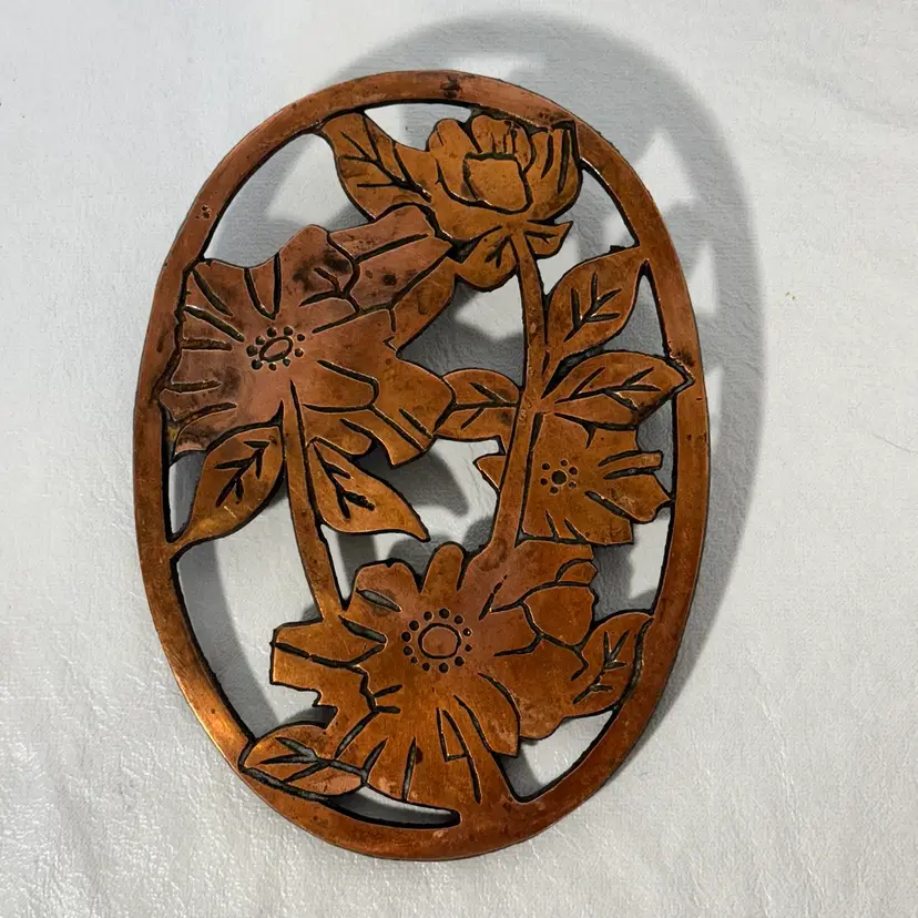 Copper Coated Cast Iron Trivet Flowers Wall Hanging Taiwan 8.5" Length