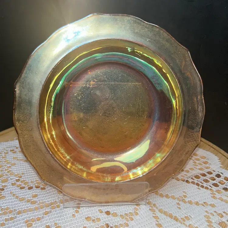 Vintage Federal Glass, Normandie “Lattice & Bouquet” Marigold Iridescent Cereal Bowl