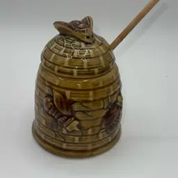 02-Vintage Ceramic Honey Pot Beehive Bees Dipper Bee Lid Golden Brown