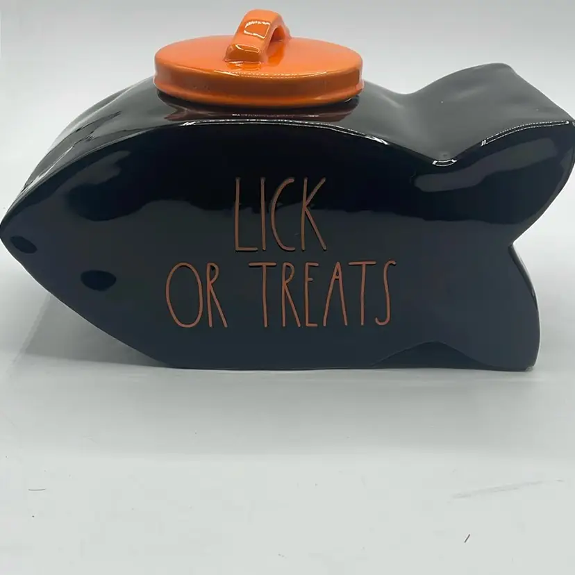 RAE DUNN Lick or Treats Fish Shaped Canister 10” x 6.5” Halloween