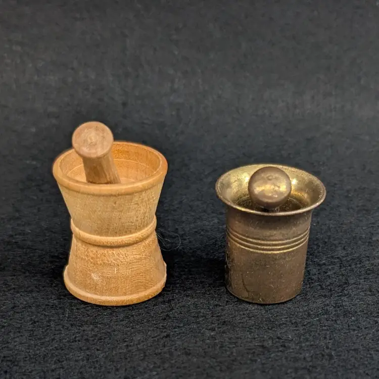 Vintage Pair of Miniature Brass & Wood Mortar And Pestles Apothecary Dollhouse