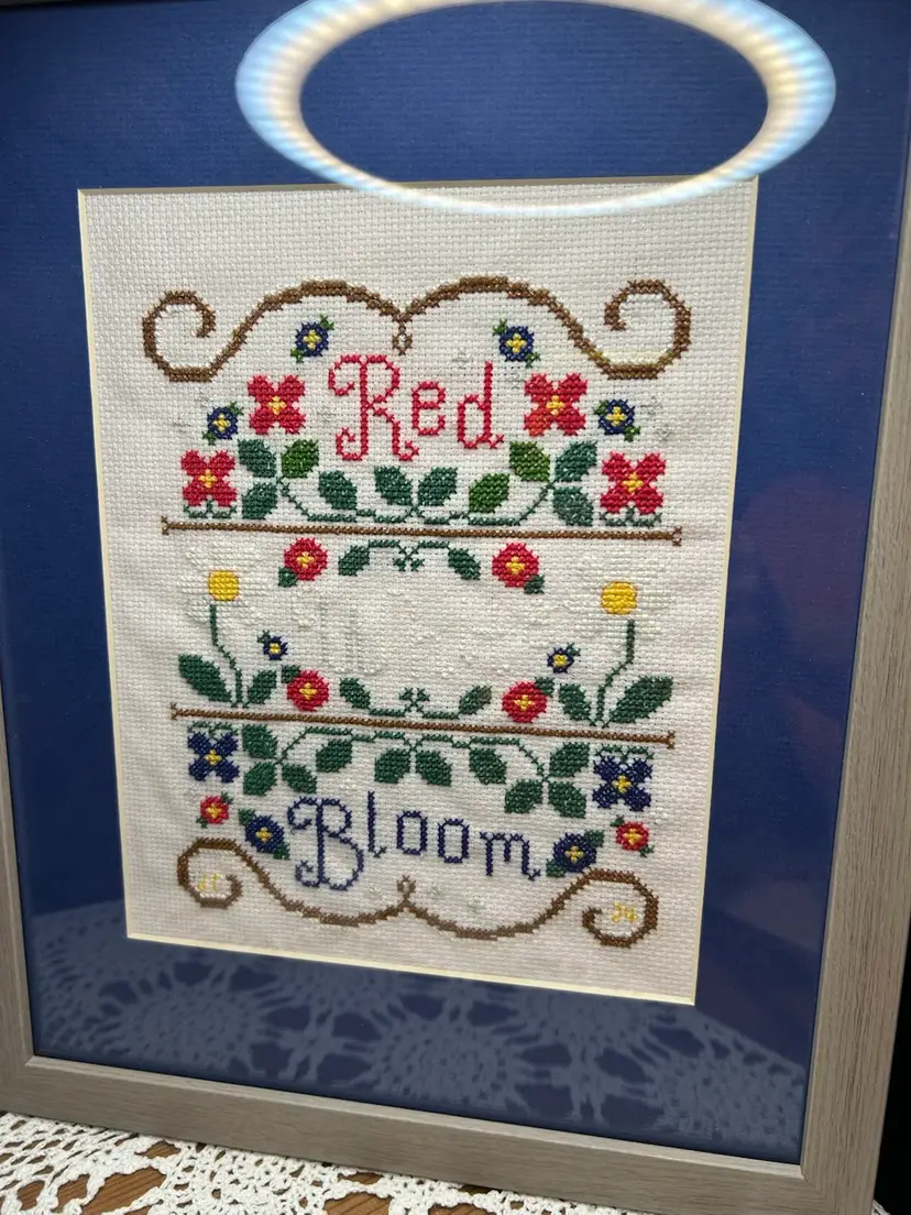 “Red White And Bloom” Cross Stitch Framed Matted Blue 16x13