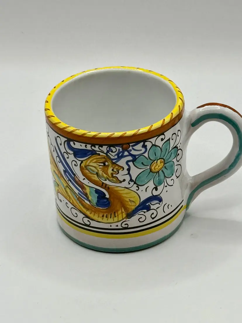 Vintage Italian Hand Painted Ceramic Mug, Vibrant Majolica Style Design, Collectible Kitchenware, By Ceramica Artistic, Made In Deruta, Italy