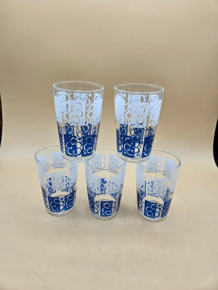 5 Hazel Atlas Blue White Floral 3.75"H Juice Glasses