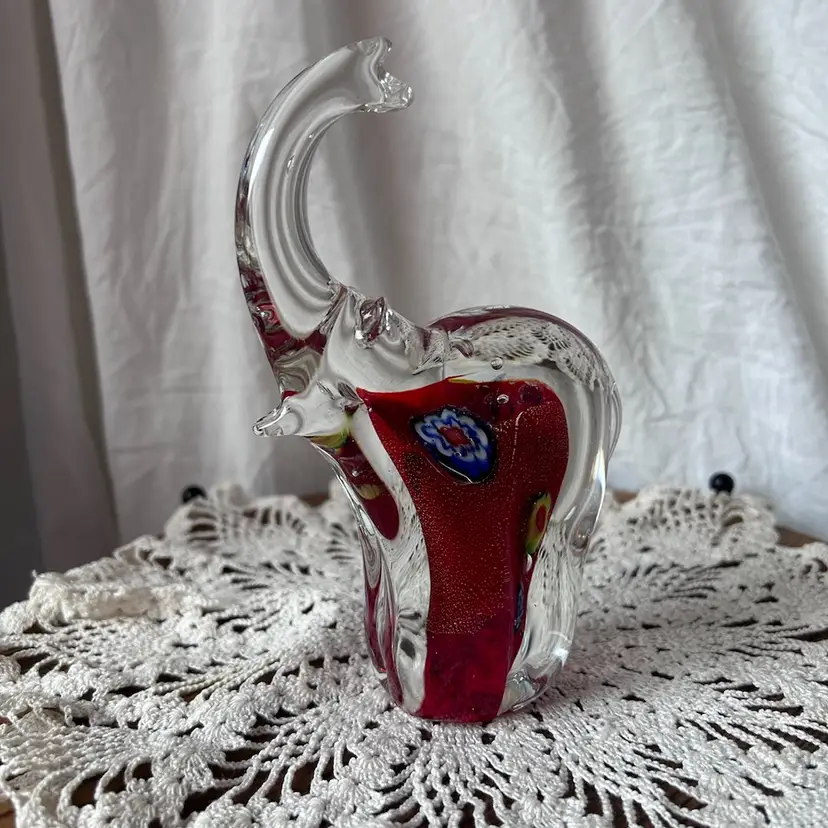 Hand Blown Red Millefiori Glass Elephant Paperweight EXC