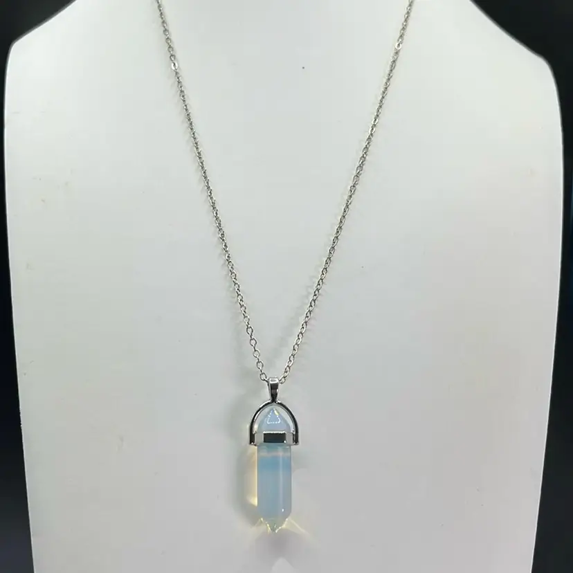 Glass Crystal Shaped Pendant Necklace, Silvertone 20” Chain