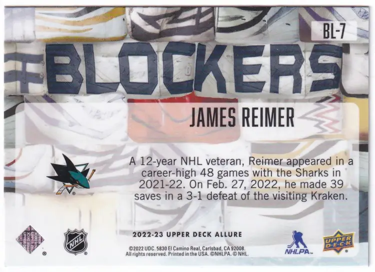 2022-23 Upper Deck Allure Blockers #BL7 James Reimer San Jose Sharks Hockey Card