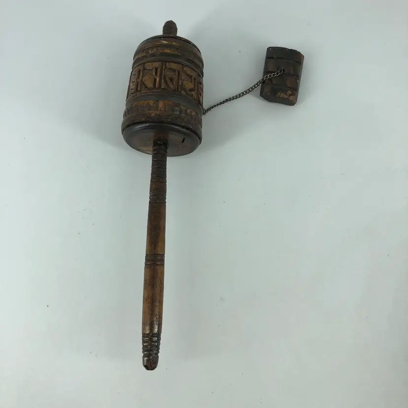 Antique Tibetan Buddhist Hand-Spinning Carved Wood Prayer Wheel