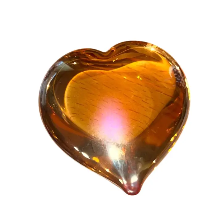 Randy Strong Signed 2002 Marigold Iridescent Heart Paperweight 2.5”