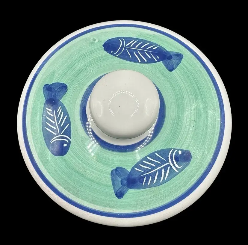 Vintage Handpainted Covered Trinket Dish Blue Teal Fish Pier One Made In Italy