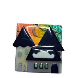 Reduced 50% Vintage Lucinda Pin/ Colorful Brick Background With 3 House Tops, Moon, Glitter And A Cat
