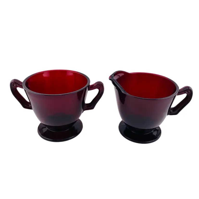 Creamer & Sugar Ruby Red Glass Footed Holiday Dining VTG Retro