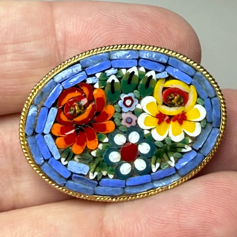 Vintage Italian Micro Mosaic Brooch Pin Blue Glass Orange Yellow Flowers Oval