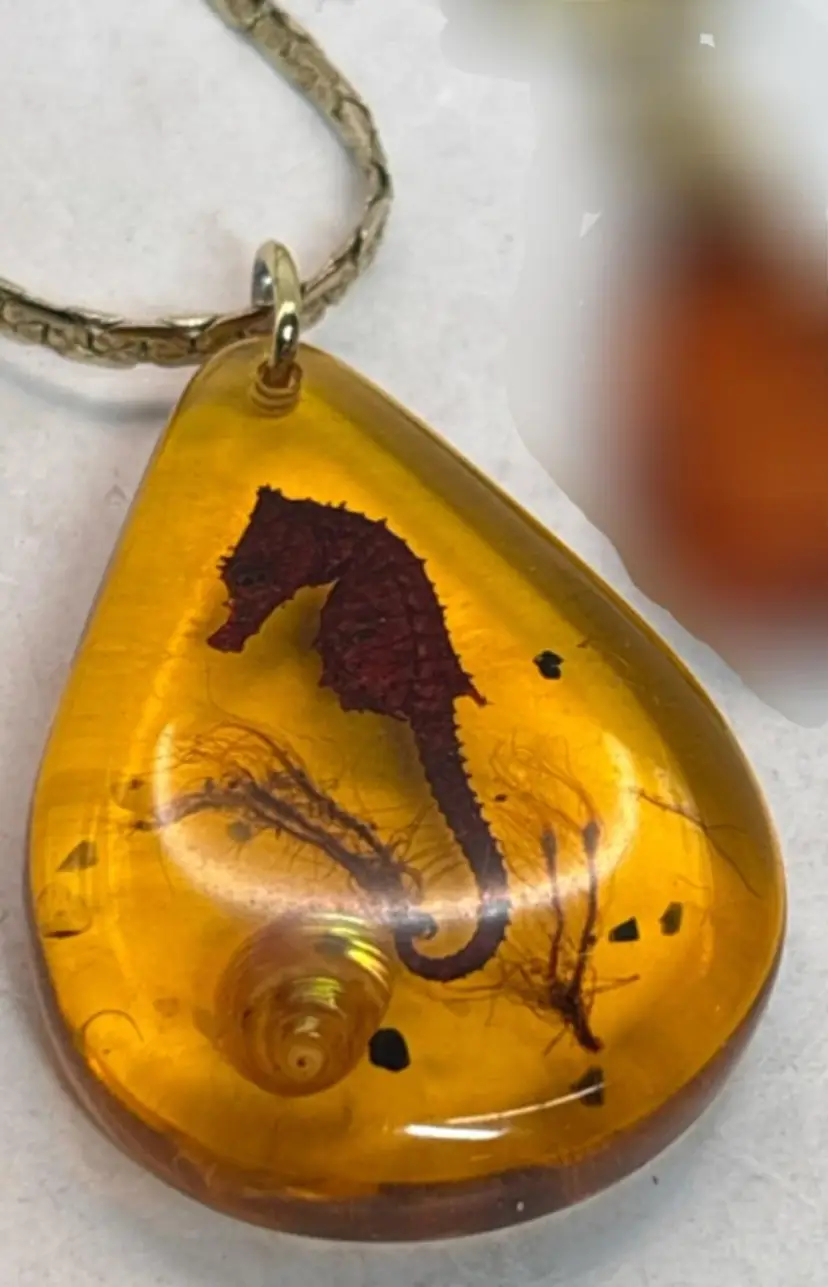 Vintage Seahorse Amber Resin Pendant With Chain