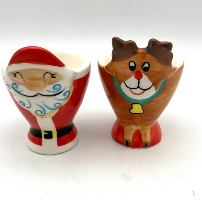 BIN - Santa And Reindeer Ceramic Egg Cup Christmas Holders
