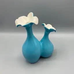 Vintage Teal Blue Double Finger Flower Vase - READ