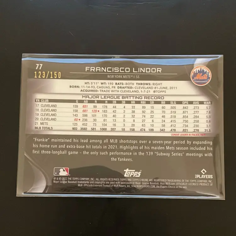 Francisco Lindor 2022 Topps Chrome Black Purple /250 New York Mets
