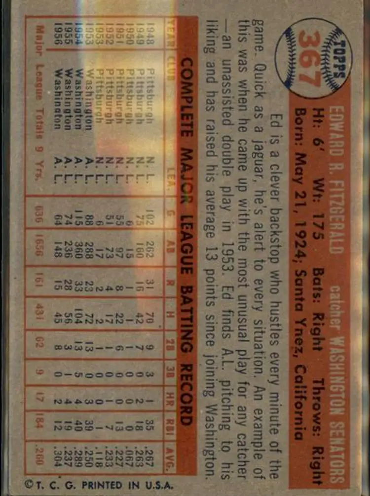 1957 Topps #367 Ed FitzGerald - ( pk1 ) - Washington Senators