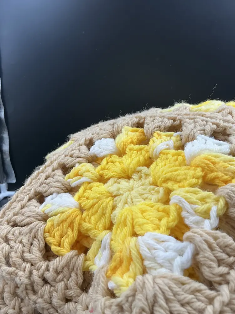 Large granny square afghan, yellow, white and tan. Beautifully made. 72x60