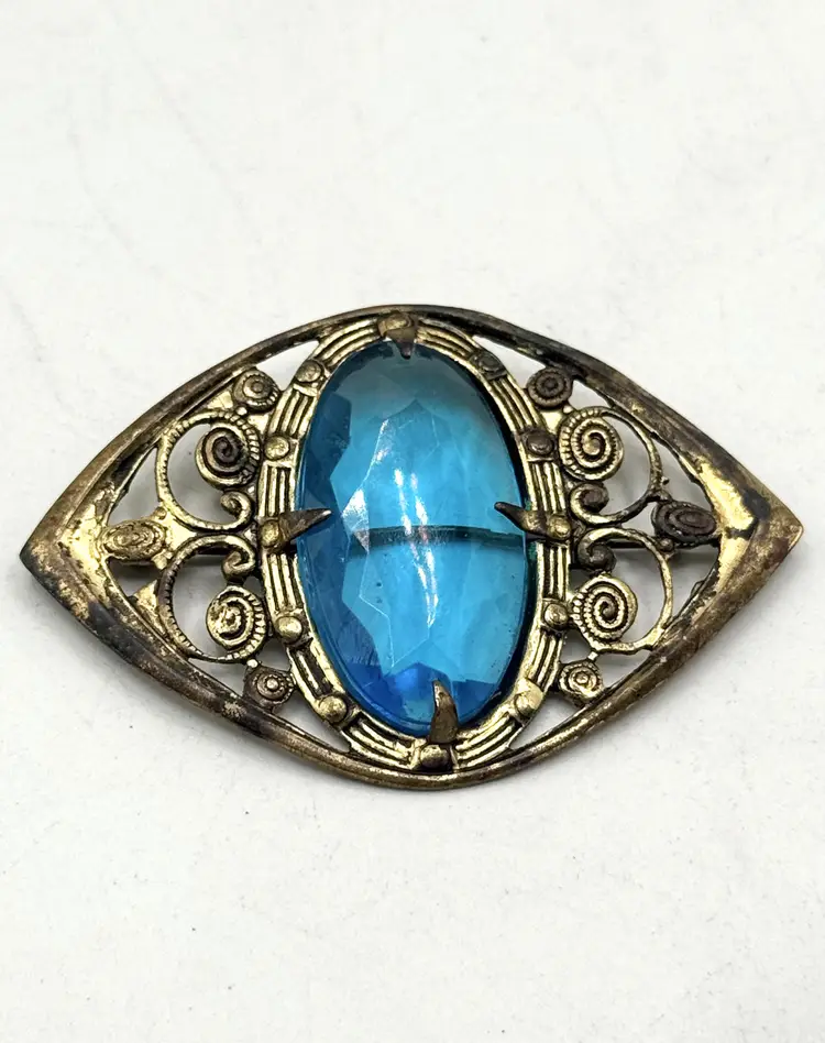 Estate vintage blue glass filigree brooch pin