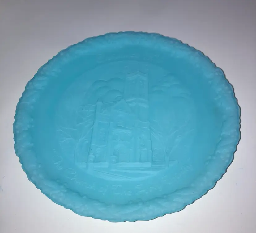 Vintage Fenton 1978 “The Church Of The Holy Trinity” 8” Robins Egg Blue Satin Glass Plate! Embossed!