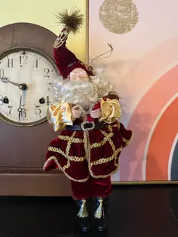 Vintage Velvet Santa Figurine: 13" Burgundy & Gold Christmas Decor