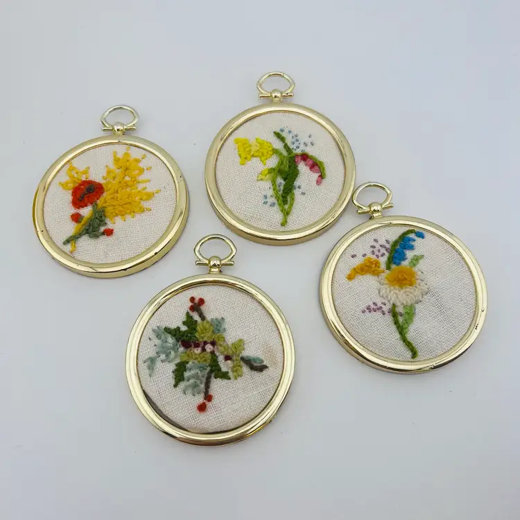 Sweet Set Of 4 Vintage Crewel Wall Hangers 3.25”