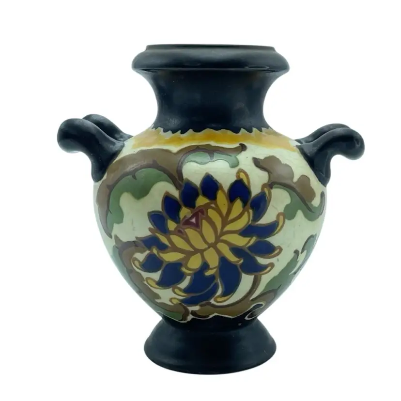 Art Nouveau Gouda Pottery Czechoslovakia Urn Planter Vase #4071 D120 Blue Yellow
