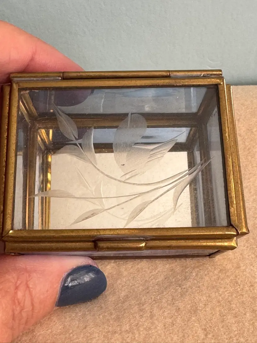 Vintage etched glass and brass trinket box with blue tinted glass