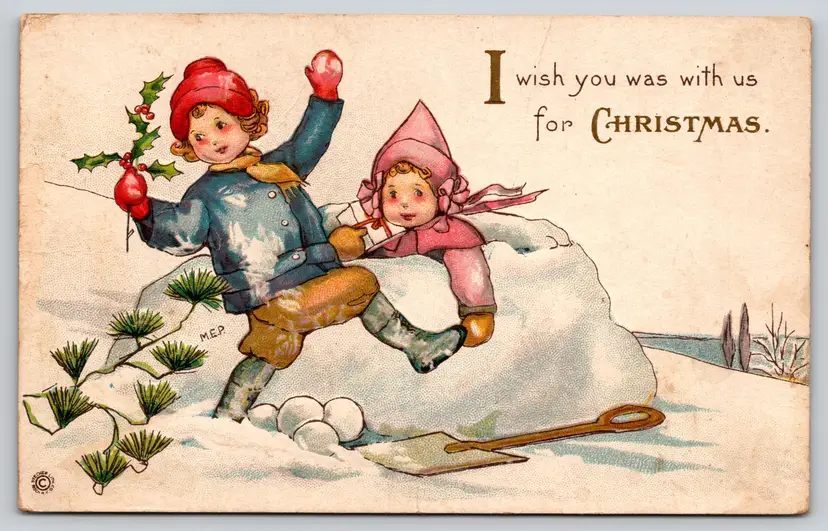 Postcard I was You Was With Us for Christmas Dutch Children Playing in Snow, Lightly Embossed - 14718