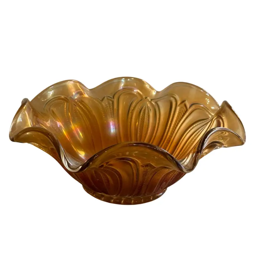 Bartlett Collins "Feathered Arrow" bowl in marigold carnival glass 3.5” Tall X 8.75” Wide