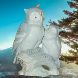 Vtg George Good Porcelain Two Owls on Log Figurine Blue White Cute 5 x 3.5 EUC