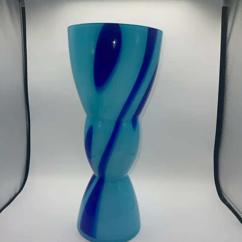 ART GLASS Hand Blown Vase 17” Tall Light Blue And Cobalt Blue