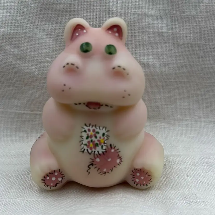 2006 Fenton Pink Burmese GLOWS Hippo - Handpainted Dated Signed - Patchwork Quilt / NFGS Exclusive