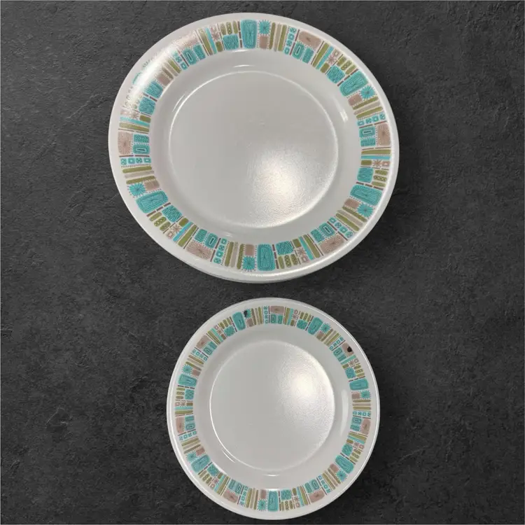 Set Of 12-pc Rare Texas Ware Atomic Mayan Aztec Melamine Dinner & Salad Plates - MCM Dream Find!