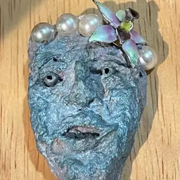WEIRDO Clay Brooch - Face With  Flower In Hair - Tested Amethyst Bead & Pearl Inlay - Artisan Made