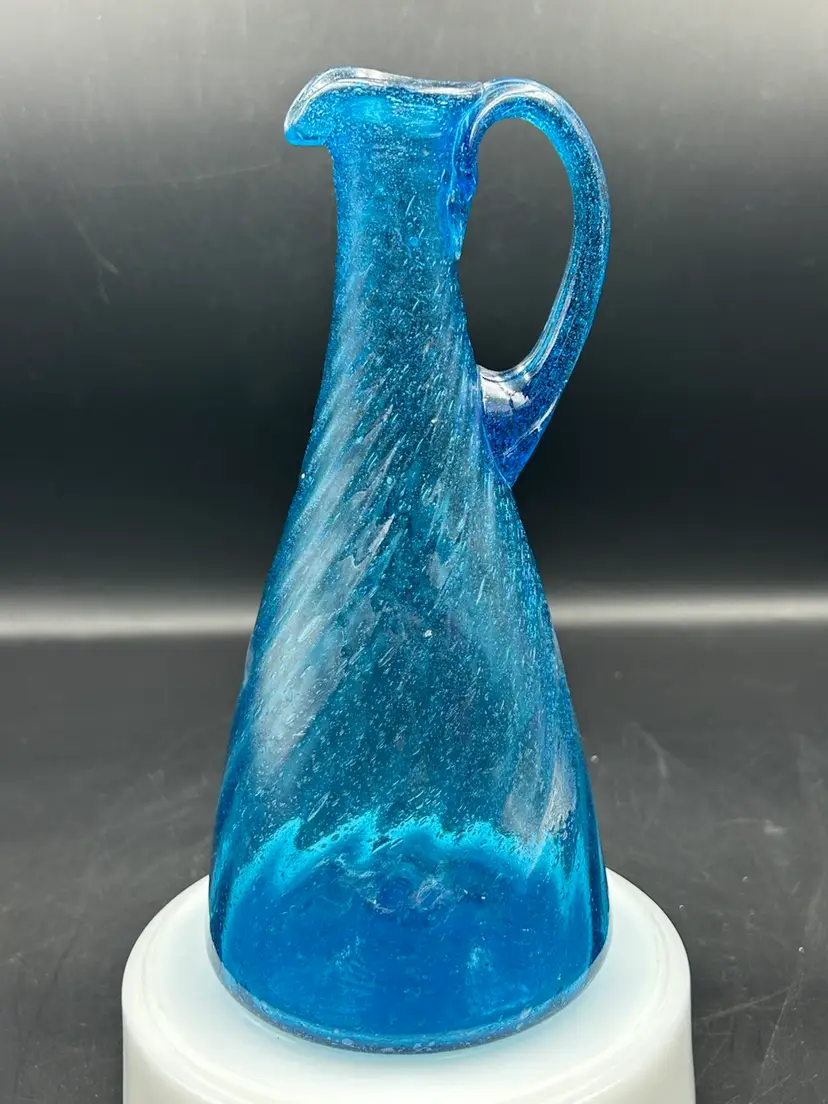 Vintage Handblown Swirl Blue Art Glass Ewer Pitcher