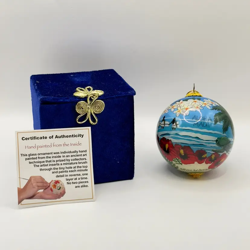 Christmas Maui Glass Ornament with Certificate, Holiday Hand-painted From Inside, By Maui by Design, Made In Hawaii