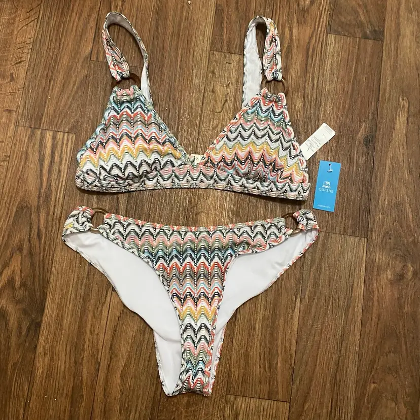 Cupshe Womens 2pc Bikini Swimsuit S Small Chevron Zigzag Print O Rings NWT New